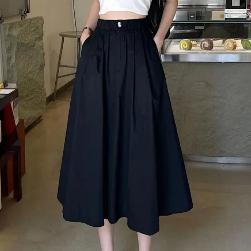 

Spring Autumn New Fashion Solid Color Elastic Waist Cargo Women's Clothing Trend Korean Sweet Button Simplicity Buttons Skirts