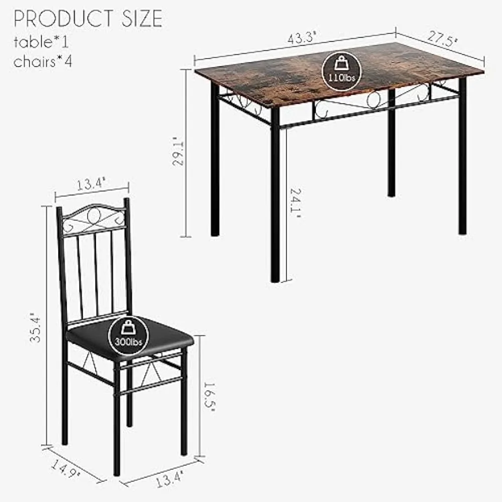 Kitchen Dining Room Table Sets for 4,5Piece Metal and Wood Rectangular Breakfast Nook,Dinette with Chairs,Industrial Retro Brown