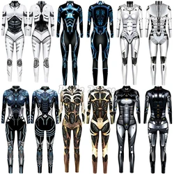 Robot Punk Jumpsuit Sexy Women Cosplay Costumes Fancy Halloween Party Colorful Printing Skeleton Bodysuit For Men