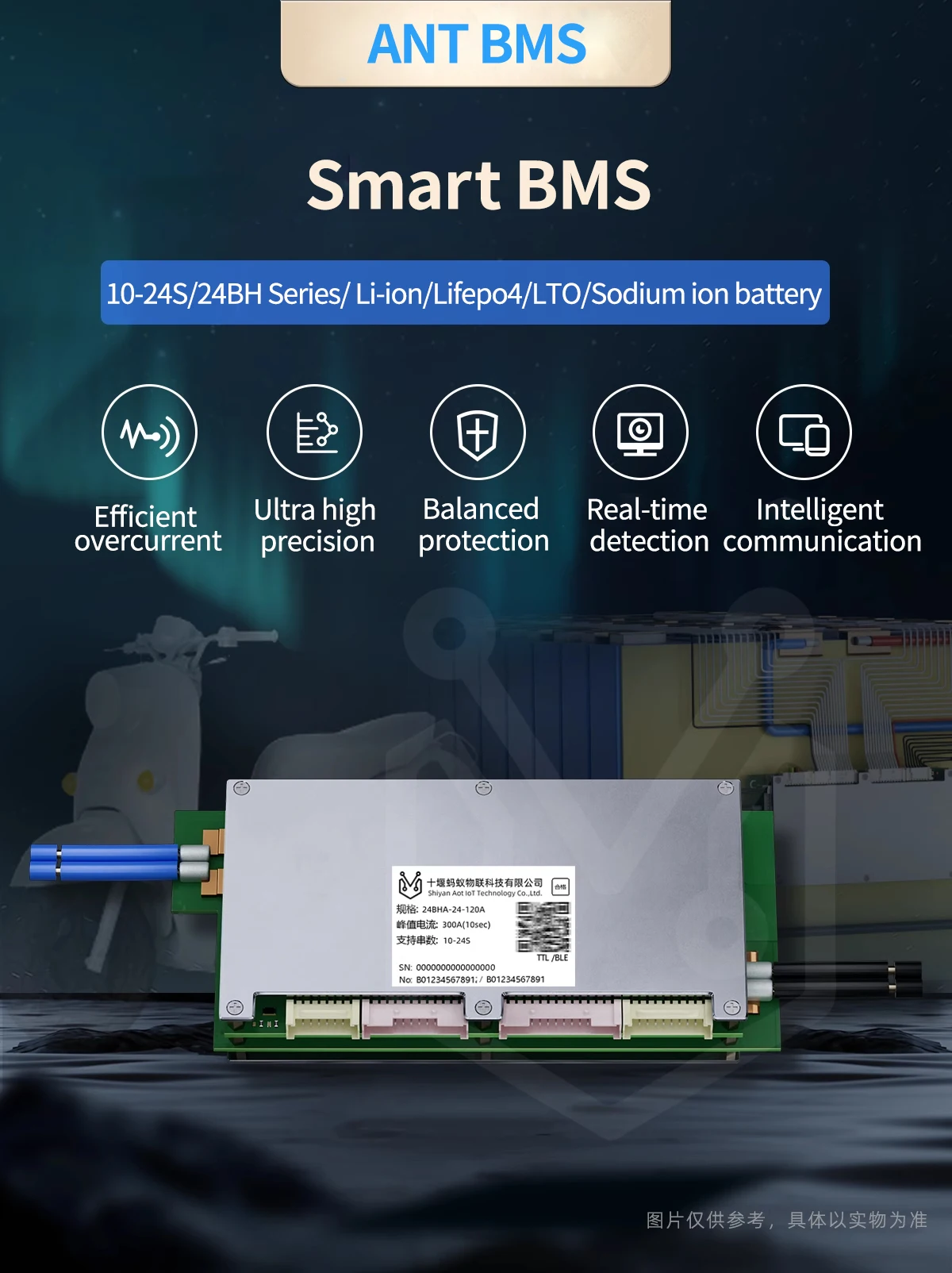 Placa de protección de batería de iones de litio LTO, equilibrio inteligente ANT BMS, Bluetooth 10S, 24S, 17S, 20S, 22S, 120A, 300A, 24V, 36V, 48V, 60V, 72V, Lifepo4