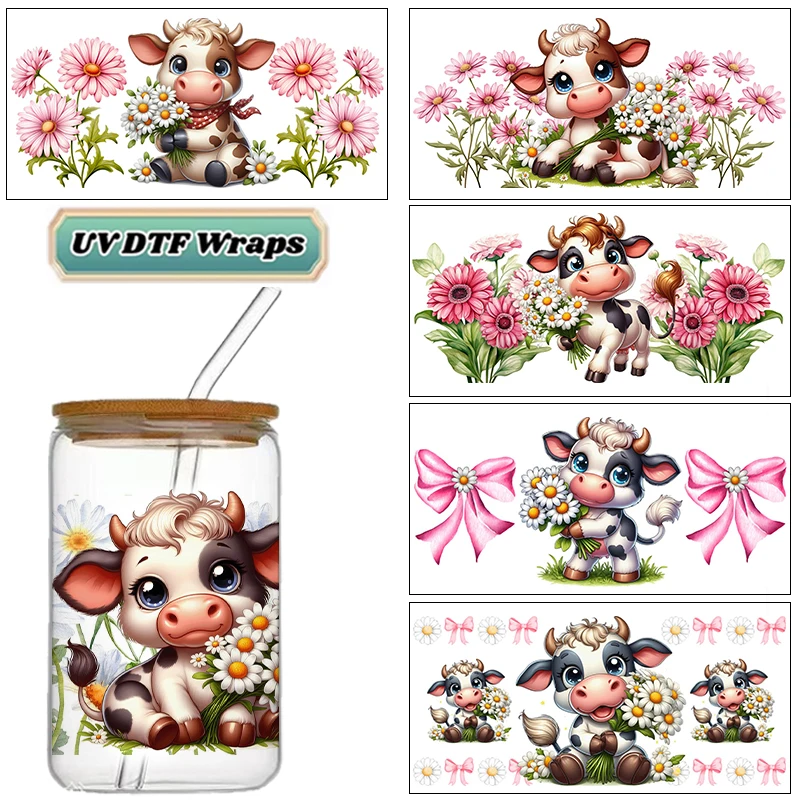 Cute Baby Cow Flower Transfer Sticker Custom Decals for 16oz UV DTF Libbey Cup Popular Cow Mug Coffee Car 3D Wrap DIY Logo