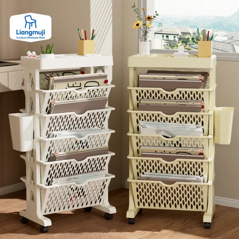 5 Tier Movable Book Shelf On Wheels Rotatable Storage Bookcase Creative Bookshelf Display Stand Home Decoration DIY Book
