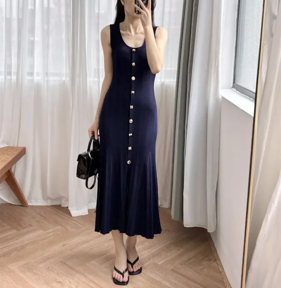 Navy blue sleeveless long Knitted Dress Women New 2024 Summer Slim Dresses