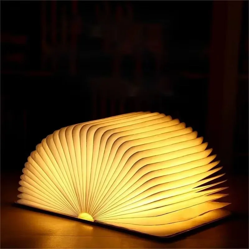Wooden Folding Book Lamp USB Rechargeable LED Night Light 3‑Color Dimmable Creative Bedside Decor Home Bedroom Gift
