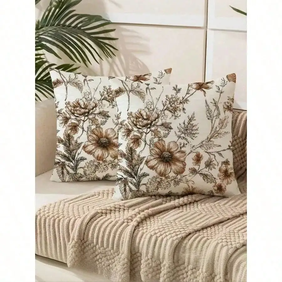 

1pc Traditional Floral Pillow Covers, Brown And White Seasonal Plant Design, Zippered Decorative Cushion Cases For Home Decor