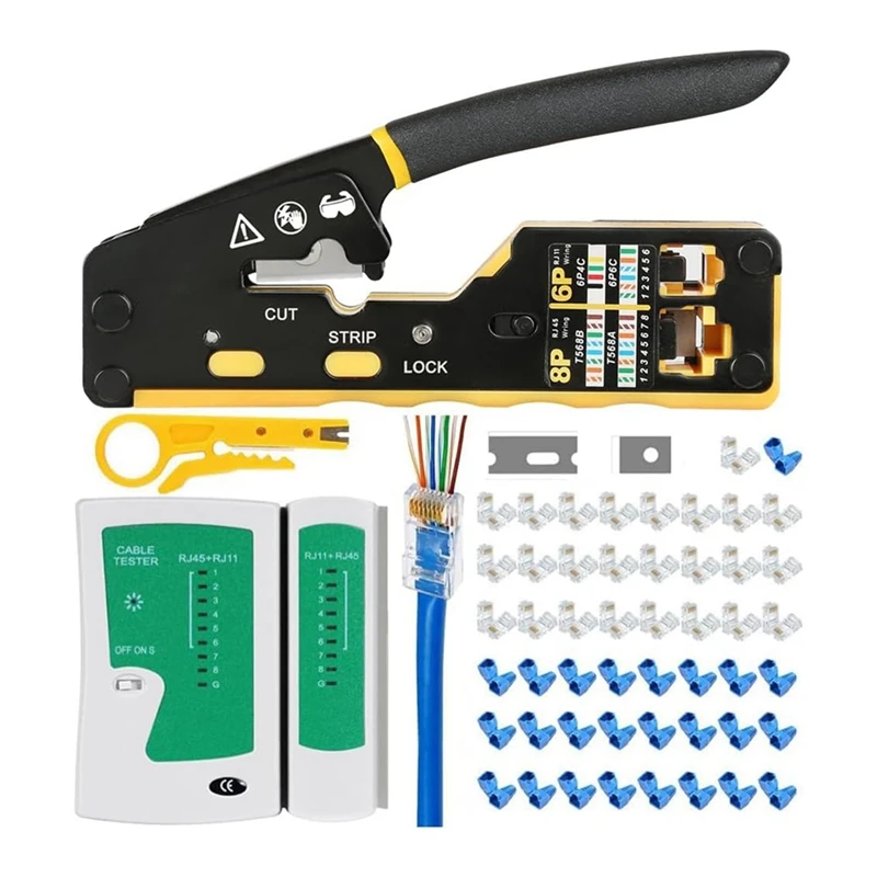 RJ45 Crimp Tool Kit Pass Through Crimper RJ45 Crimping Tool Stripper Cutter Crimper For 8P RJ45 Cat5 Cat5e Cat6 Cat6a Durable