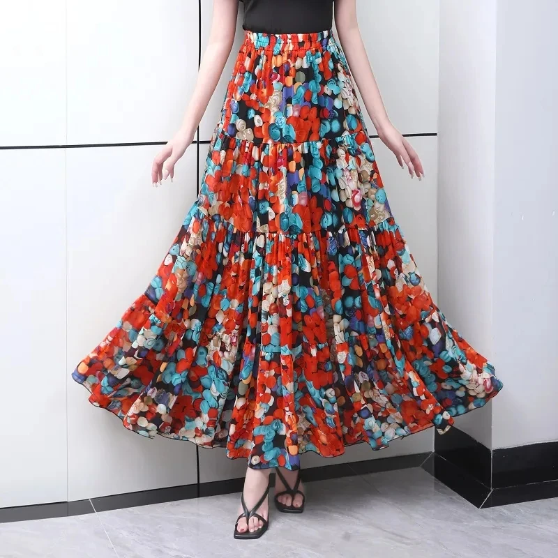 Spring Floral A-line Maxi Long Chiffon Skirt High Waist Cakee Patchwork Ankle Long Summer Skirts