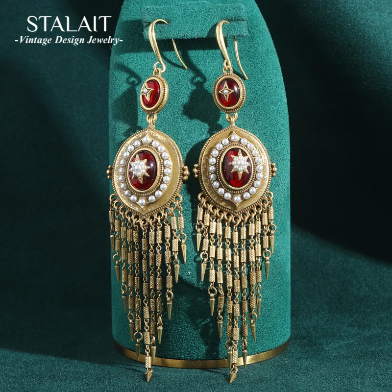 

Long Luxury Gold Color Chain Tassel Dangle Earrings Vintage Antique Pearl Red Glass Dream Catcher Statement Jewelry Accessories