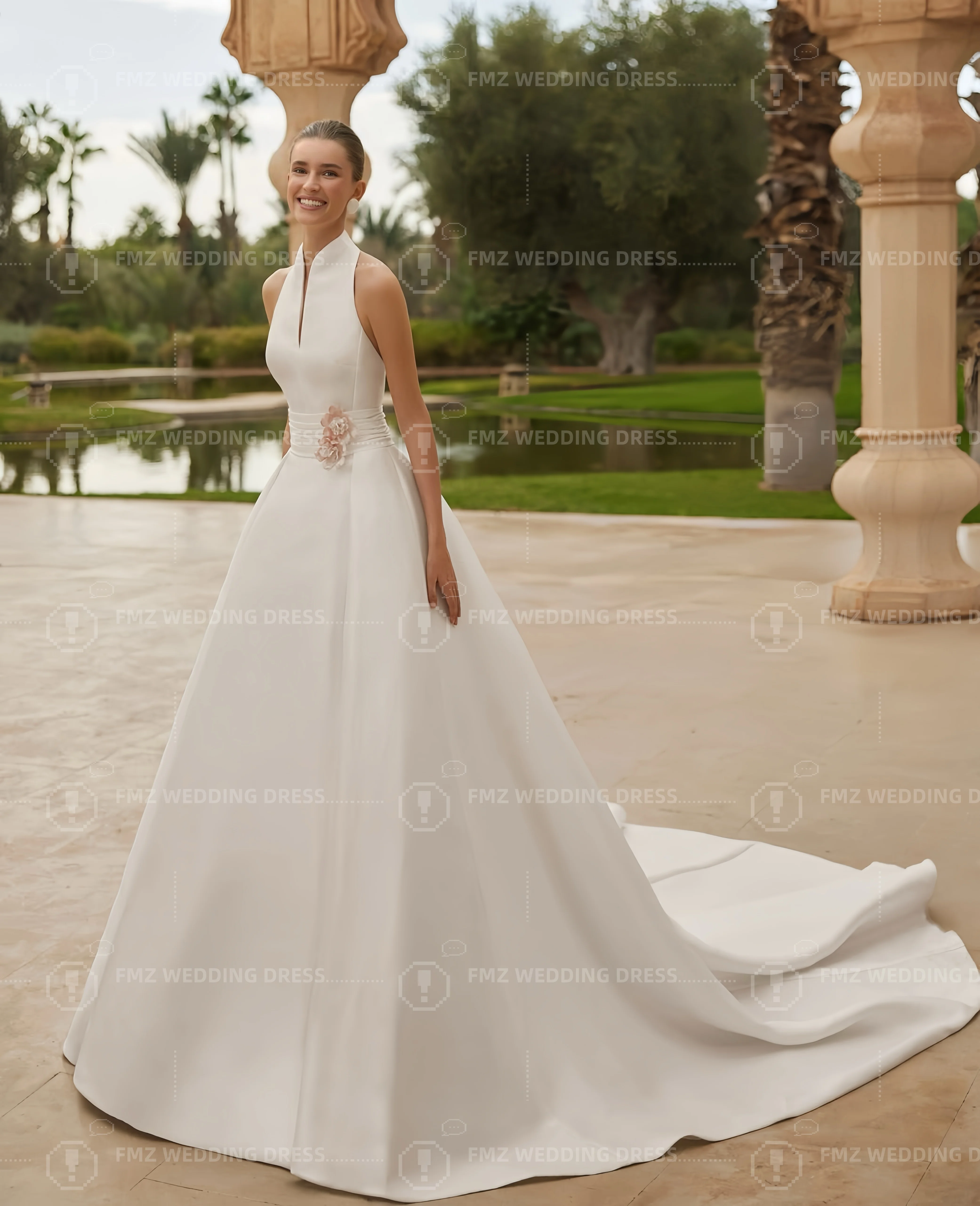

Customzied High collar sleeveless A-LINE satin elegant wedding dress vestidos de novia amanda novias amanda novias official