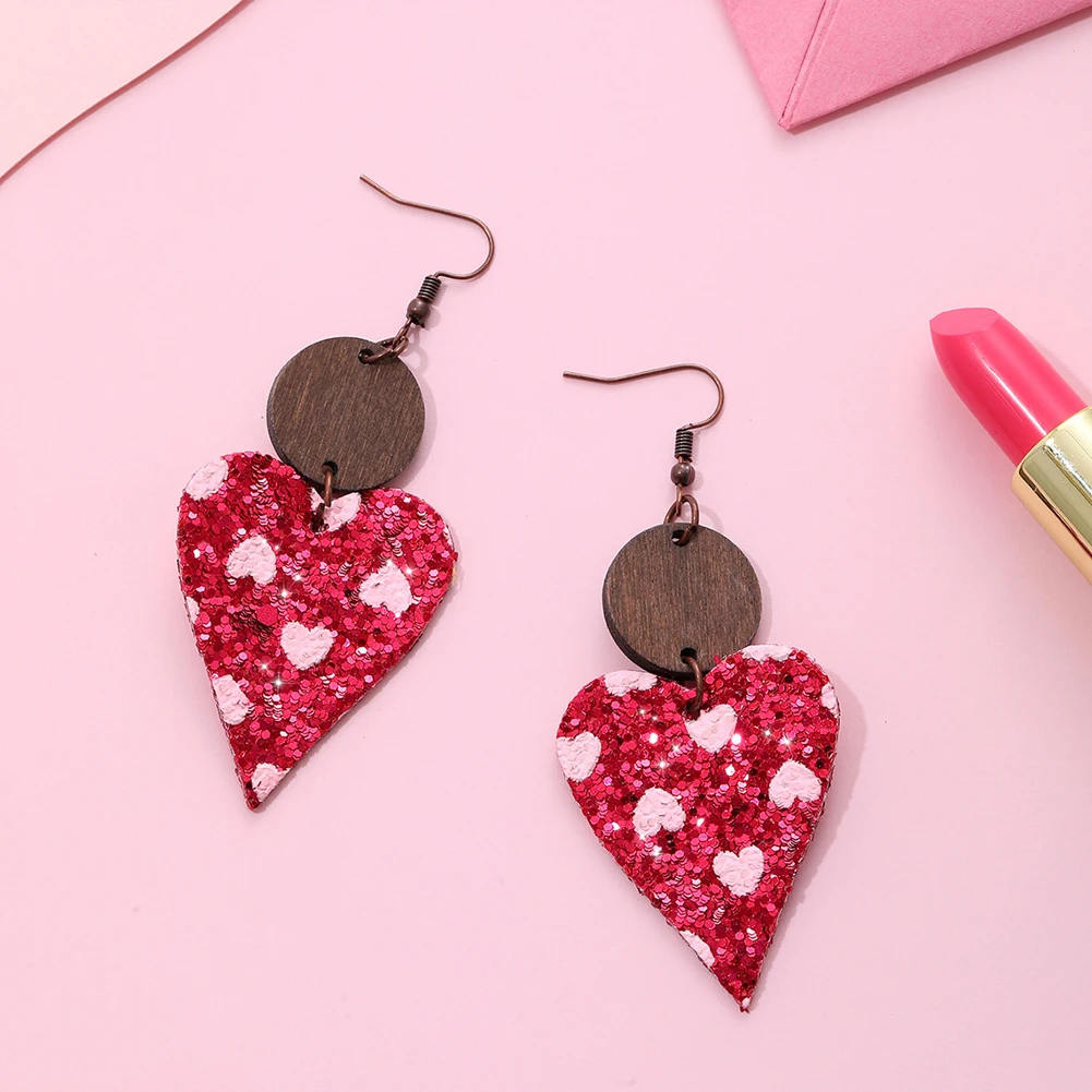 Valentine's Day Paillette Granules Earrings Stylish All-match Earring Accessories With Wood Block For Shopping