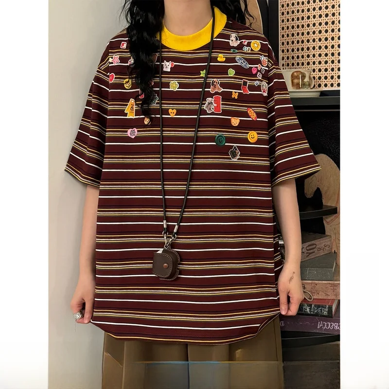 

Футболка унисекс с коротким рукавом и принтом в стиле ретро-американских мультфильмов, полосатая, повседневная, удобная, дышащая, модная, летняя