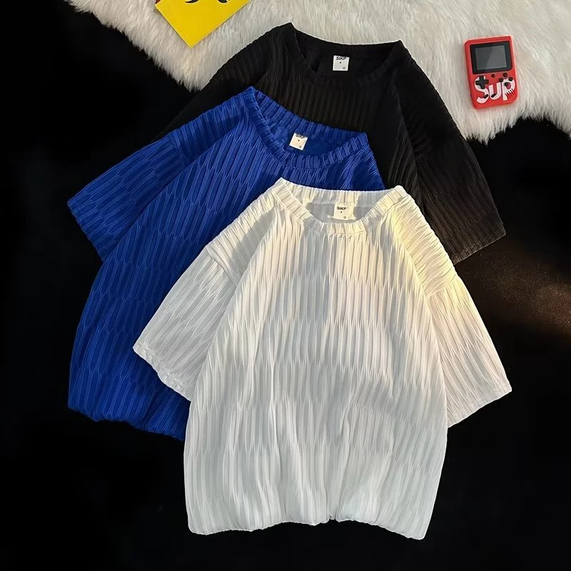 

New Arrival Harajuku Summer Wave Texture Short Sleeve O Neck Men T Shirt Thin Breathable Fashion Oversized Vintage White Tops