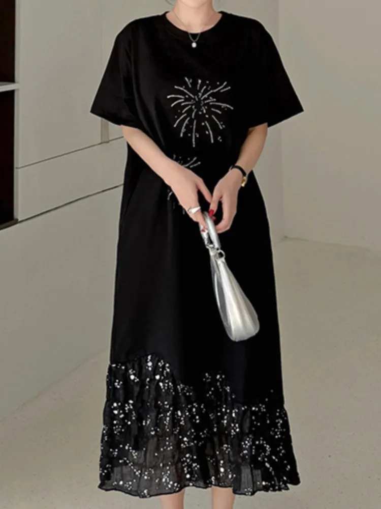 ฤดูร้อน Oversize Patchwork เสื้อยืดผู้หญิงแขนสั้นสีดําสุภาพสตรีชุด Vestidos Robe เสื้อผ้า