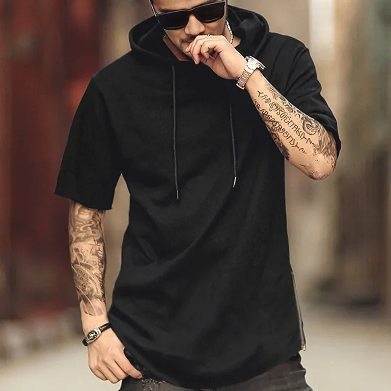 Mens Solid Colour Short Sleeve Sweatshirt T-Shirt Loose Hip Hop Rounded Hem Side Zip Casual T-Shirt Mens， harajuku