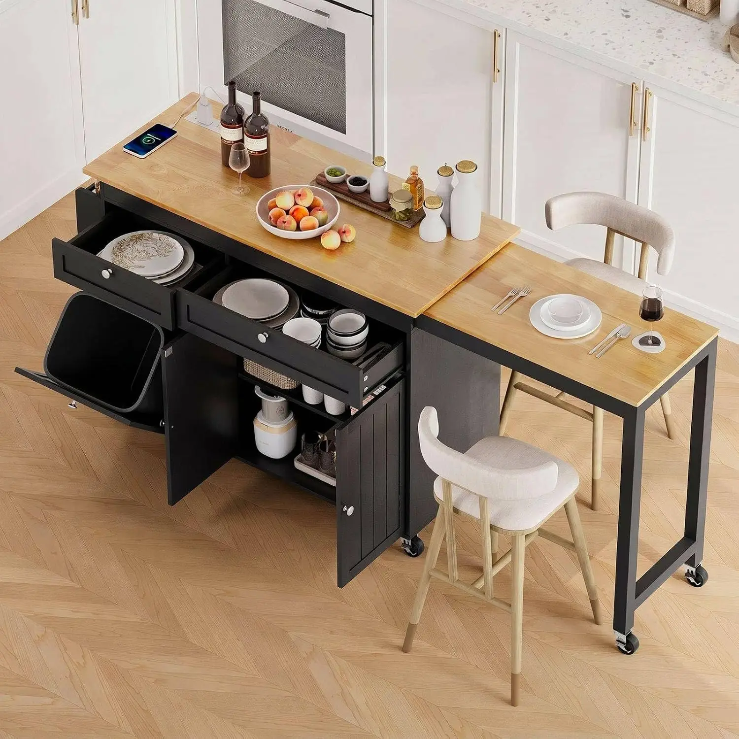 Kitchen Island with Storage Extendable Table & Power Outlet, Customized