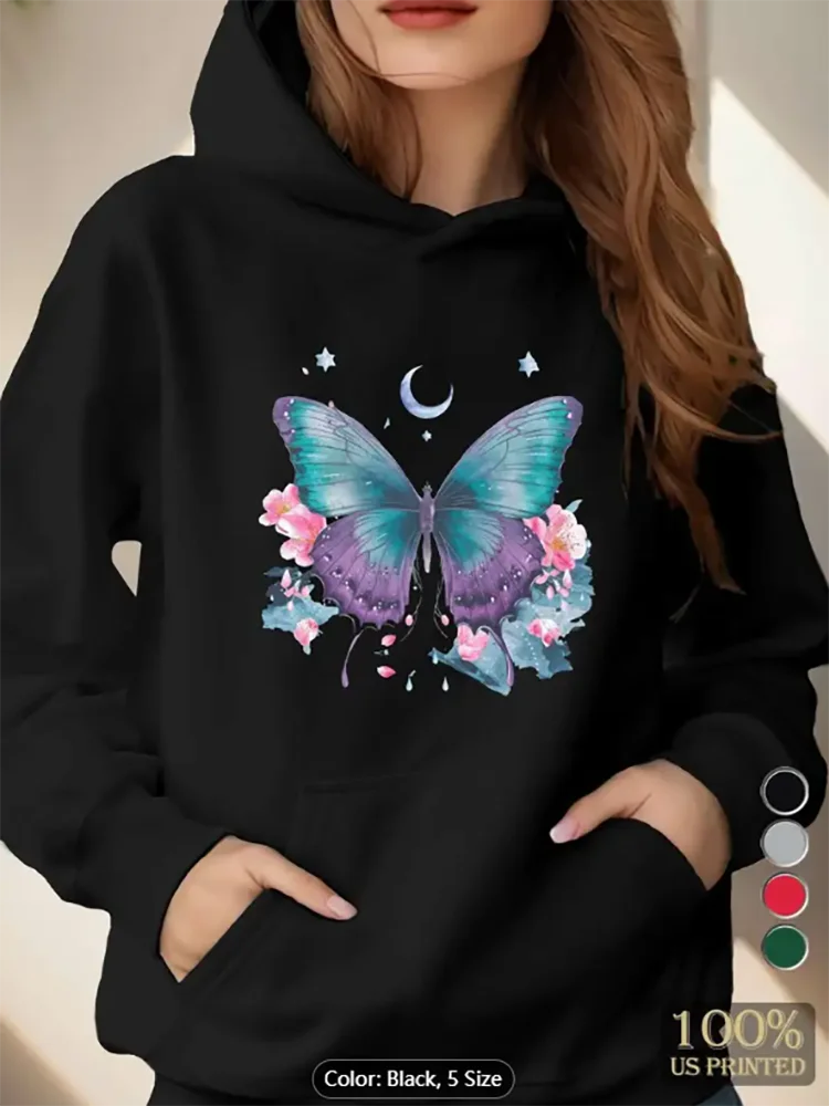 

Womens Butterfly Celestial Hoodie Soft Pullover Sweatshirt Kangaroo Pocket Artistic Design Comfortable Material Pure Cotton