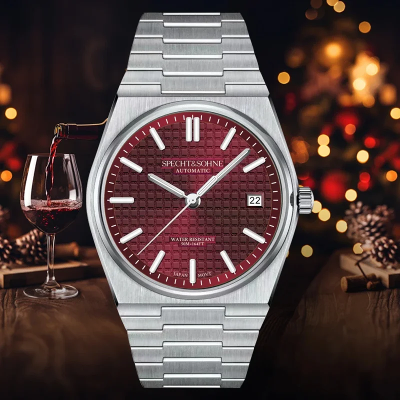 

New Specht&Sohne Wine Red Men's Mechanical Wristwatch NH35 Automatic Watches Sapphire Crystal 37MM Stainless Steel Waterproof