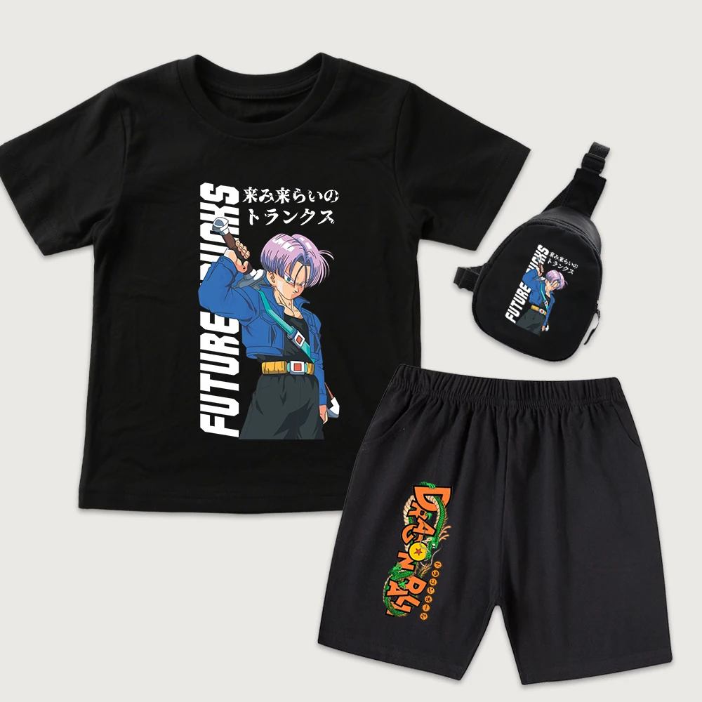 Dbz Trunks Anime Print Kids Boys Girls Cotton T Shirt Shorts Set Mini Chest Bag 3Pcs Set Casual Summer Outfit Children Clothing