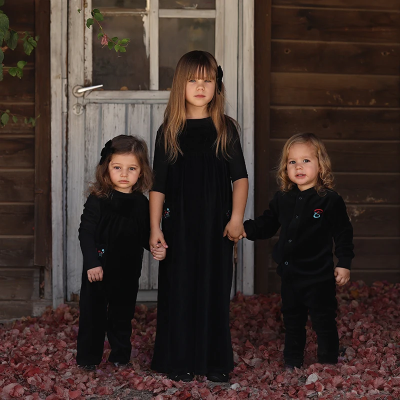 BARCALI Fall Winter Children's Clothing Set - Black Robe Dress for Girls Boys Outfit Baby Romper Family Matching Styles