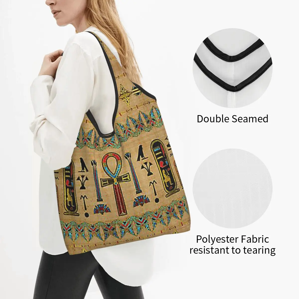 Egyptian Cross Ankh Ornament On Papyrus Portable Tote Shopping Bags Reusable Shopper Bag Groceries Handbag Shoulder Bag