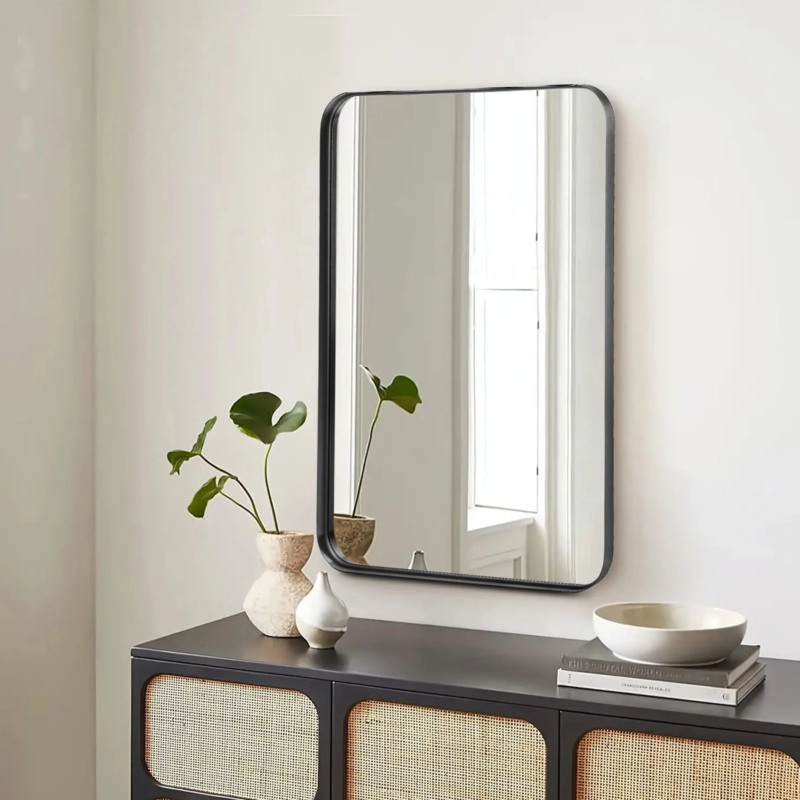 Pop Large Rectangle Vanity Framed Mirror For Wall Matte Metal Framed 30x40 Inch Modern Mirror Tempered Glass For Living Room