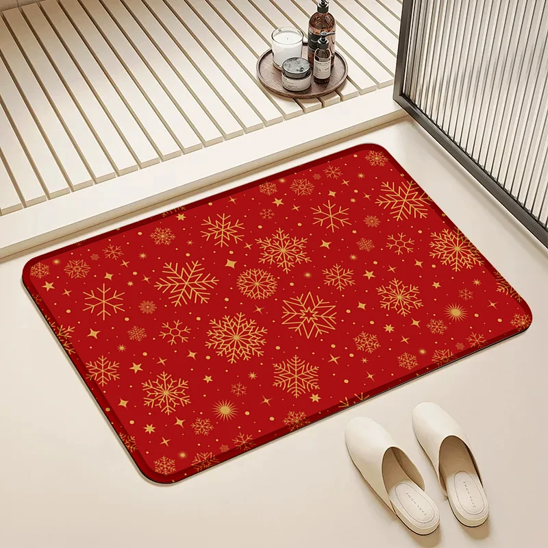 

Red Gold Snowflake Door Mat Non-Slip Absorbent Floor Rug for Home Winter Holiday Entrance Decor