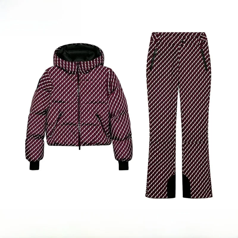 Winter Fashion Women's Cotton Jacket Flared Pants Ski Series Long Sleeve Polyester Fiber Adult Size Two-Piece Set Stripe Pattern