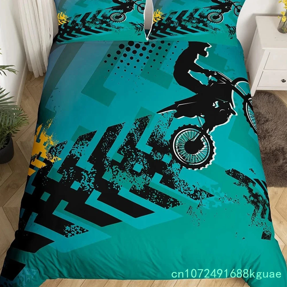 Dirt Bike King Queen Duvet Cover Motocross Sports Bedding Set Motorcycle Quilt Cover Youth Cool Black White Soft Comforter Cover