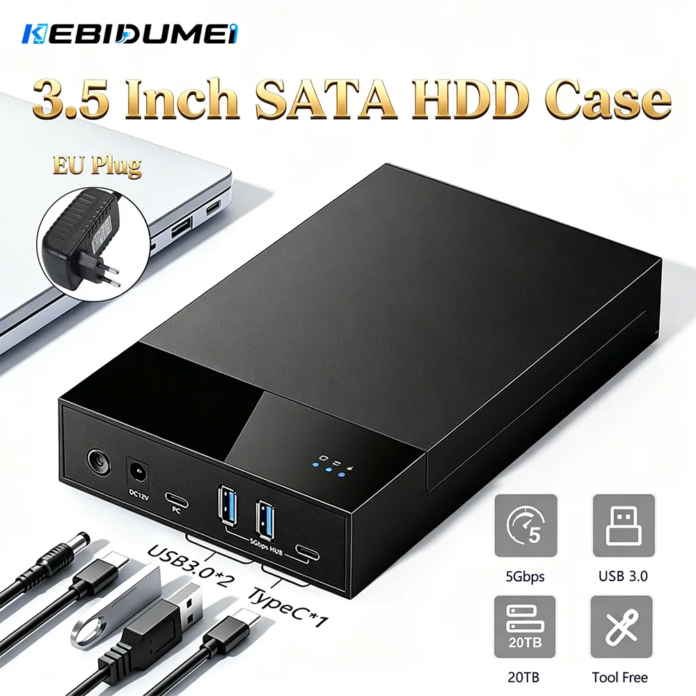

Kebidumei 3.5 Inch HDD Case External Hard Drive Storage Enclosure Docking Station for 2.5/3.5 In SATA SSD HDD With 12V 2A Power