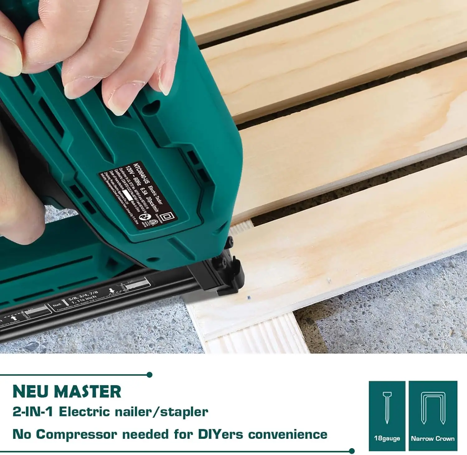 MASTER Electric Brad Nailer, NTC0040 Electric Nail Gun/Staple Gun for Upholstery, Carpentry and Woodworking Projects, 1/4''