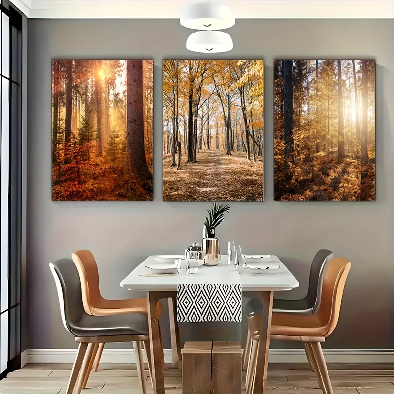 3 Unframed, Modern Nordic Style Autumn Scenery Sunlit Forest Canvas Art Prints, Large Size Decorative Poster for Living Room