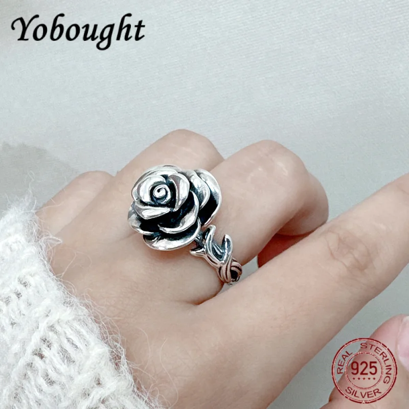 

Очаровательное кольцо из серебра 925 пробы с розой для женщин, креативный дизайн в стиле ретро, модные трехмерные регулируемые ювелирные изделия ручной работы