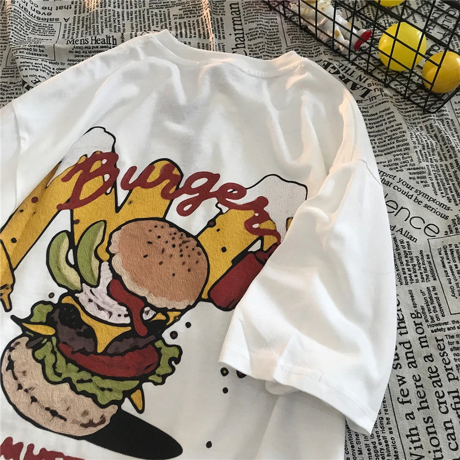 Retro hamburger cartoon print summer T-shirt women's top Harajuku fun oversize T-shirt men and women short-sleeved T-shirt