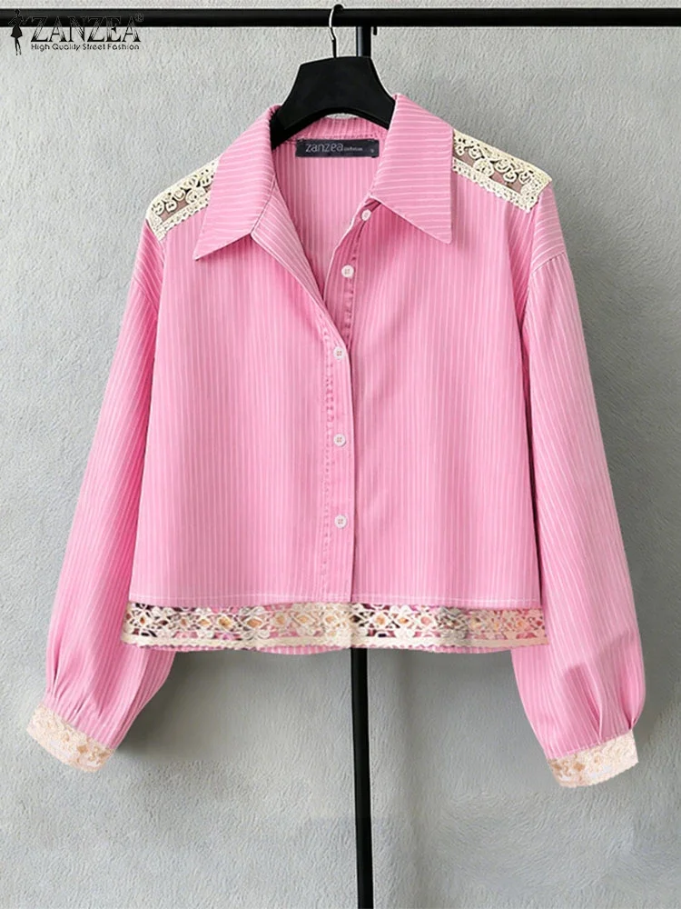 

ZANZEA Fashion Women Striped Shirts Lace Patchwork Blouse Elegant Office Lady Casual Long Sleeve Lapel Tops Blusas Streetwear