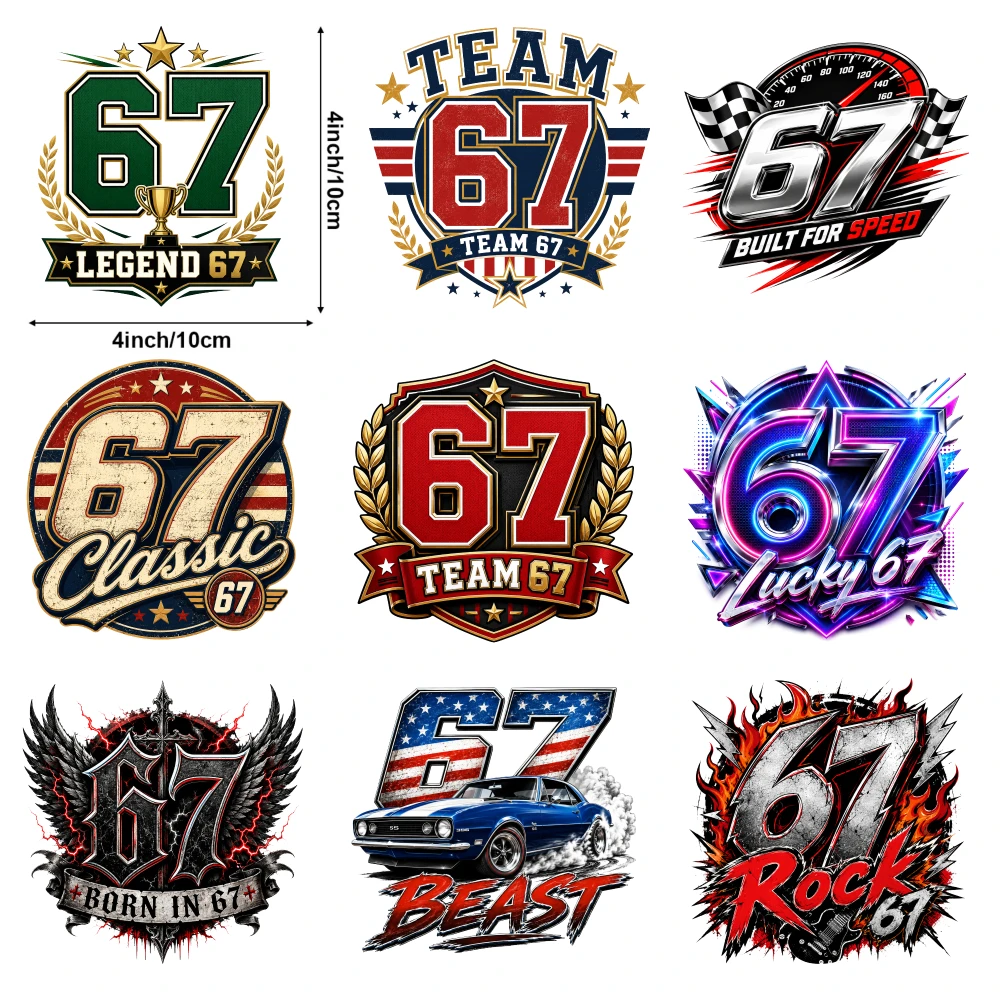 9 Pcs Number Sixty Seven Iron on Transfers Press Washable Stickers for Clothing T-Shirt Jeans Applications Iron on Decals for T