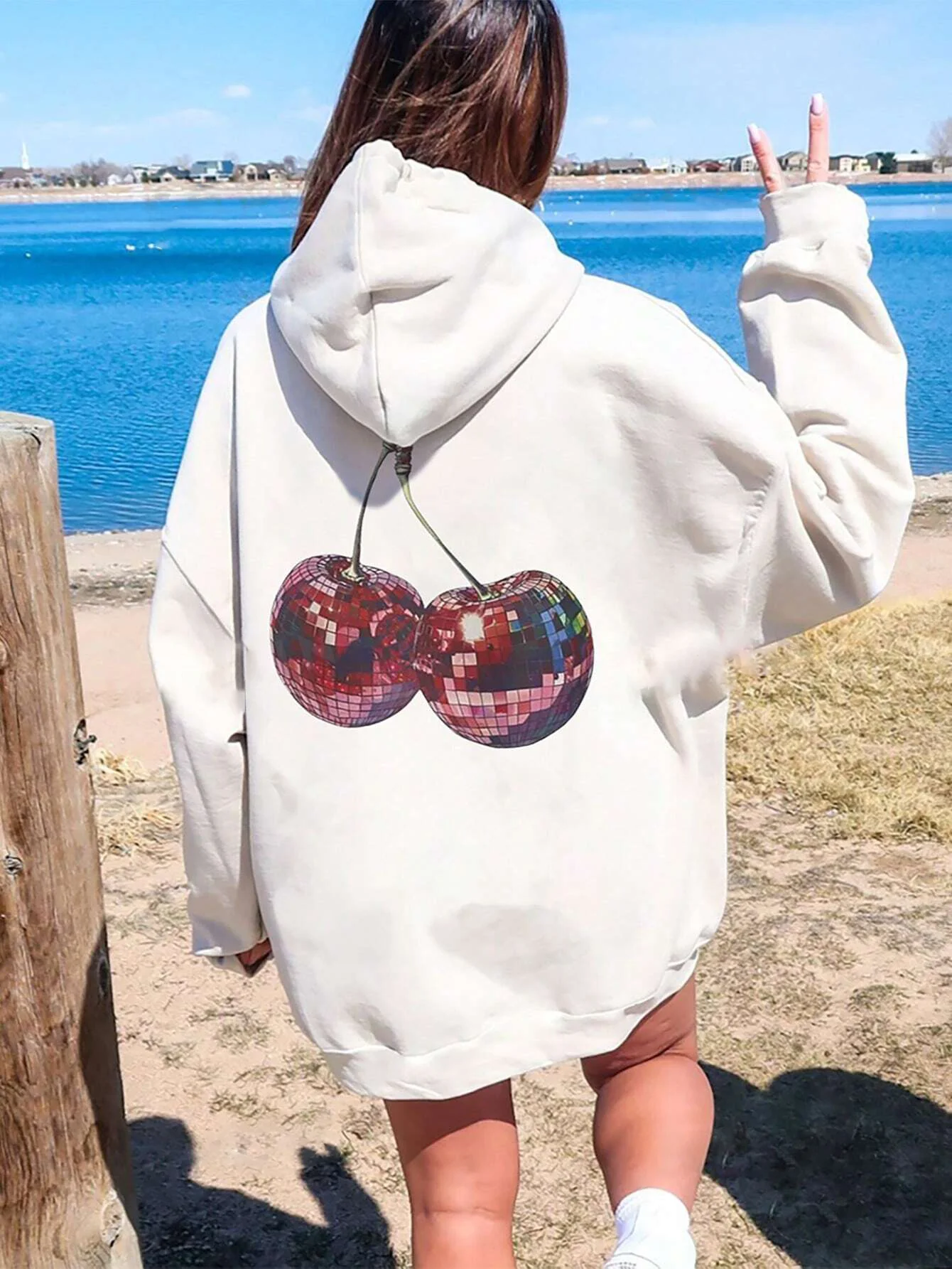 2024 Sparkling Cherry Ball originality Print Hoodie Women\'s loose fleece drawstring hoodie New Y2K high street fashion clothing