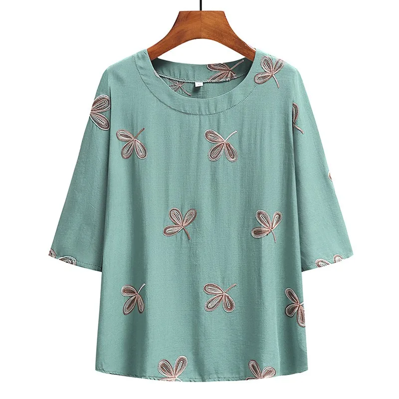 Leisurely Embroidered Top Large Size Loose Cotton and Linen Suit Women Middle-aged and Elderly Medium-sleeved T-shirt  Pajamas
