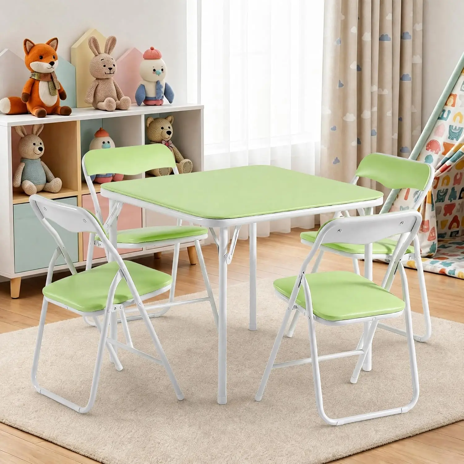 Kids Folding Activity Table Chair Set Ultra Soft Padded Cushion 5 Piece Matcha Green