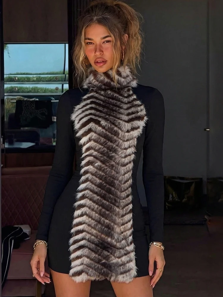 Cutenw vestido de retalhos de pele de gola alta feminino tendência elegante manga comprida stretch festa de aniversário de luxo body clube sexy body