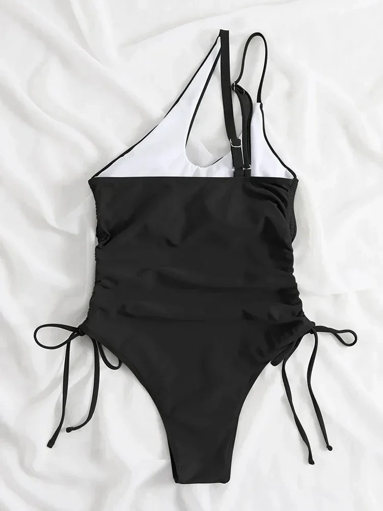Women\'s One Shoulder Swimsuit Tanga Bikini Set Two Piece Swimwear Solid Color Padded Bikini Top Bra Briefs Bottom Sexy