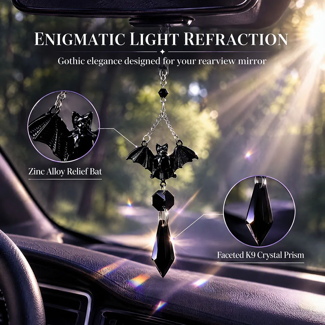 Halloween Gothic Black Bat Car Rearview Mirror Hanging Ornament Crystal Pendant Charm Auto Interior Decoration Accessories