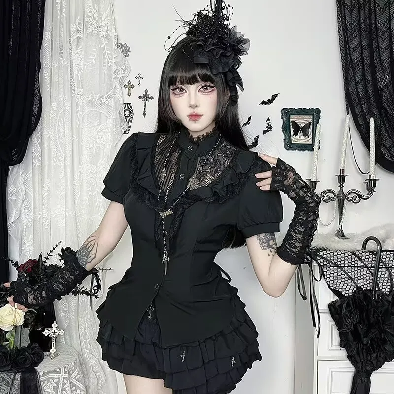Винтажная кружевная лоскутная рубашка в стиле Лолиты с короткими рукавами, блузки, женские рубашки в готическом стиле на пуговицах, топы Kawaii Y2k