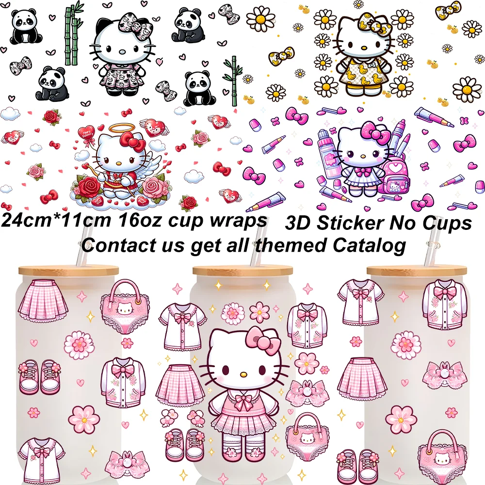 30Style Cartoon Kitty Cat Pattern UV DTF 3D Sticker for 16oz Libbey Cup Wraps Waterproof Adhesive Cute Kitty 3D Sticker