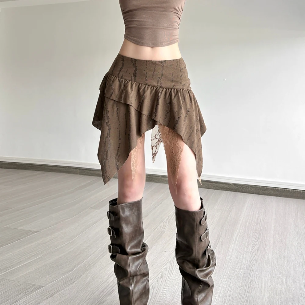 SylCue Mesh Patchwork Mini Skirts Women Elastic Waist Irregular Ruched Ruffles High Street Style Casual Elegant Classic Bottoms