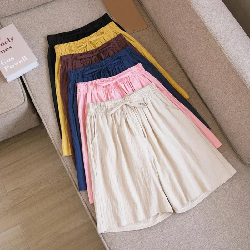 Summer Cotton Linen Loose Women's Shorts Casual Straight Short Pants Harajuku Elastic Waist Wide Leg Knee Length Shorts Women