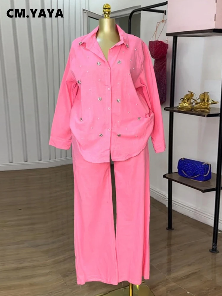 CM.YAYA-Conjunto de moda para mujer, camisa de manga larga con cuentas y pantalones rectos de pierna ancha, conjunto de dos piezas, chándal, 2025, Sweet OL