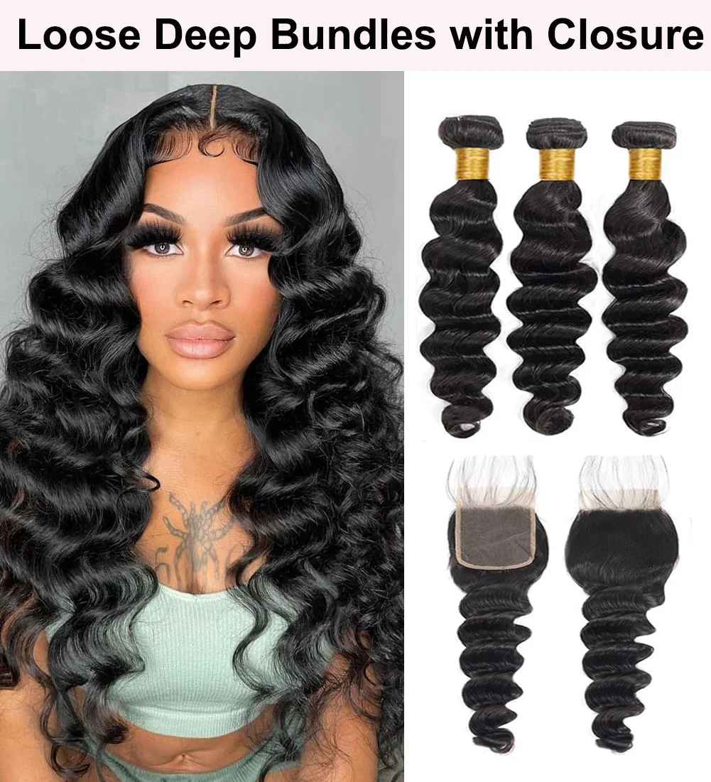 

Loose Deep Wave Bundles with Closure Brazilian Virgin Human Hair Bundles With 4×4 Free Part Closure Loose Deep Curly Human Hair