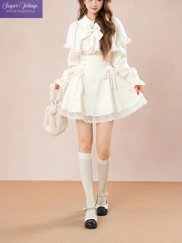 

Японское повседневное милое платье Лолиты, женское белое платье с рюшами и рукавами, кружевное лоскутное платье с большим воротником и тонкой талией, многослойное мини-платье для вечеринки