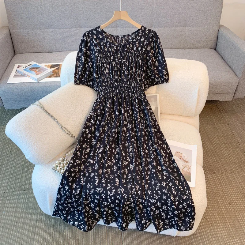 

Women's Floral Short Sleeves Dress 2024 Summer New Arrival Elegant A-line Shirred dress Plus Size Sliming Midi Dress