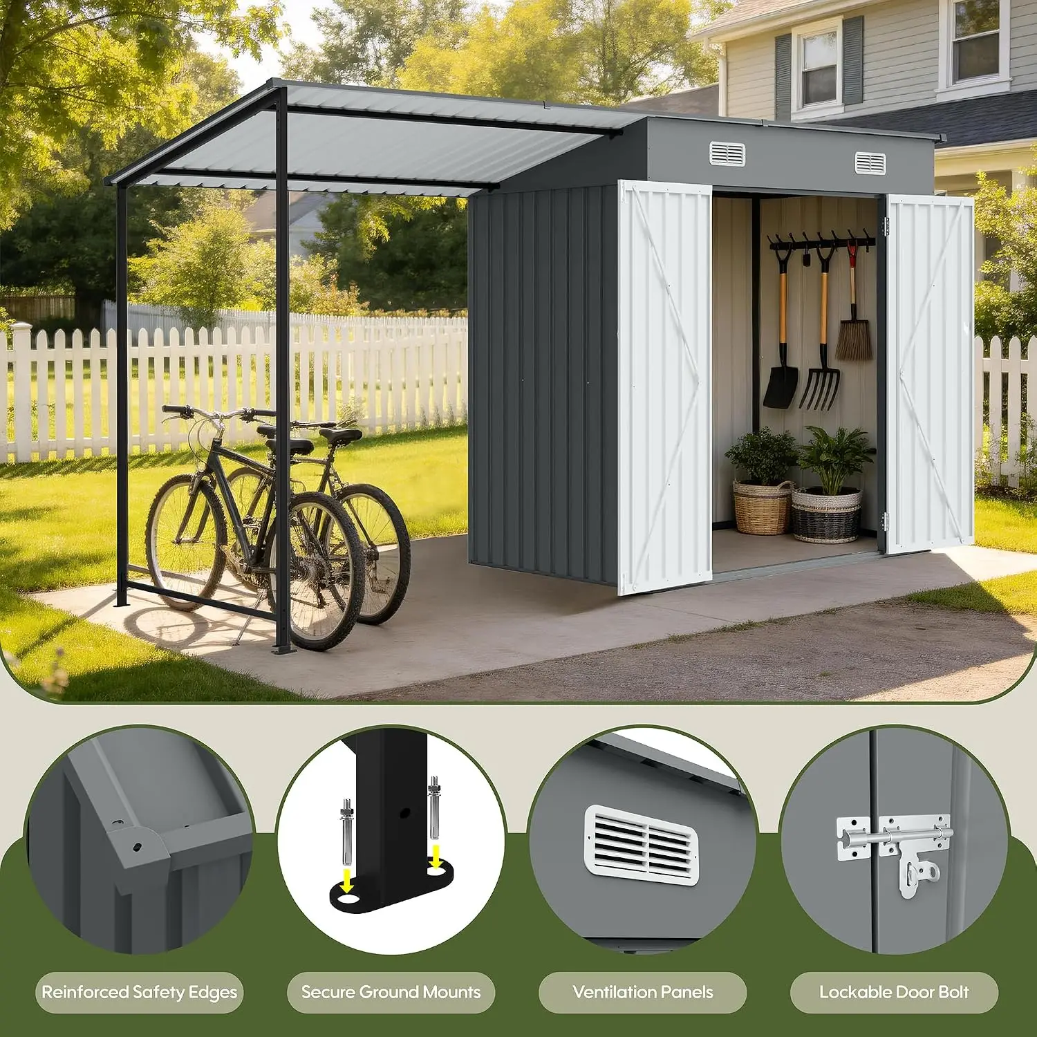 Metal Lean-to Storage Shed with Pergola & Hardtop, 6x4 FT Outdoor Garden Tool House, Customized